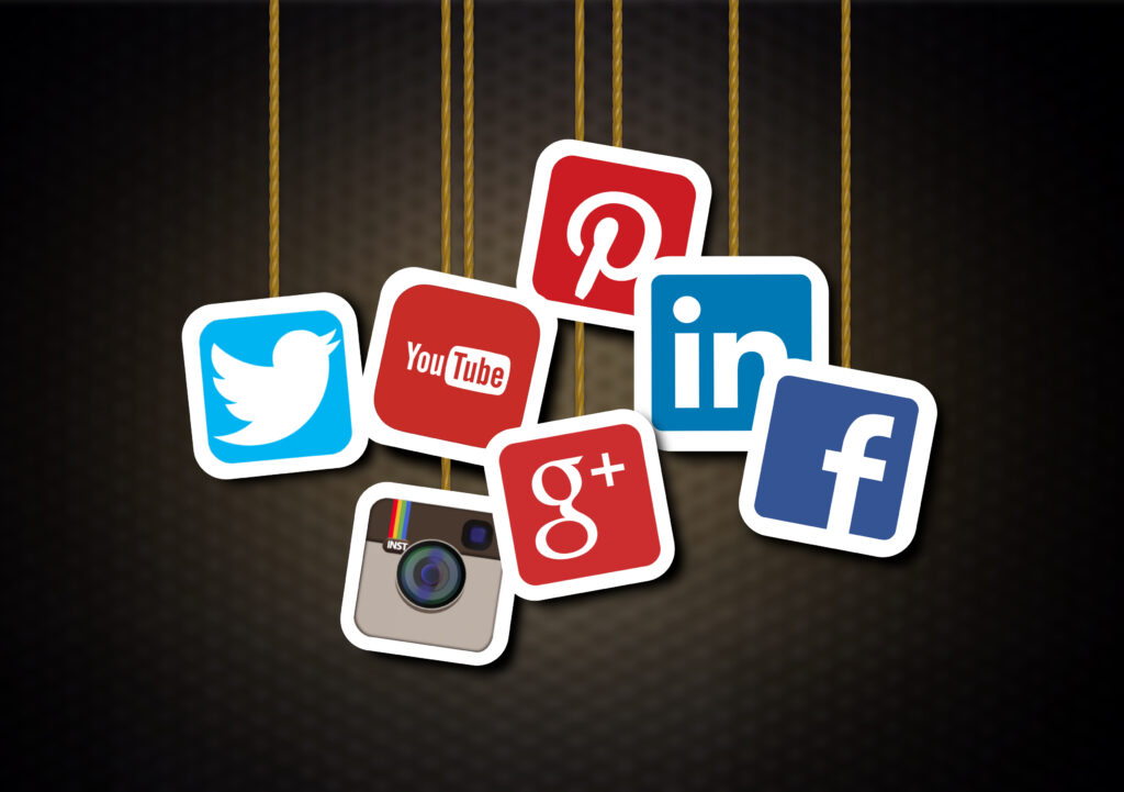 Main social media brands - Illustration including Facebook, Twitter, Pinterest, Instagram, LinkedIn, Google Plus, YouTube